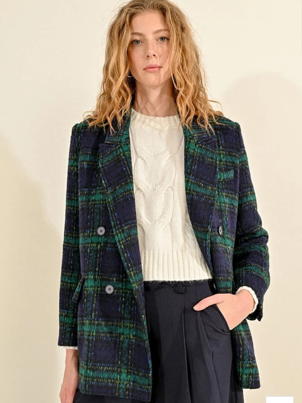 Molly Bracken Checked Wool Blend Green & Navy Double-Breasted Blazer Coat Sz S